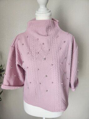 Pink Pearl Embellished Mock Neck Sweater | Size L | Knit Boutique Style